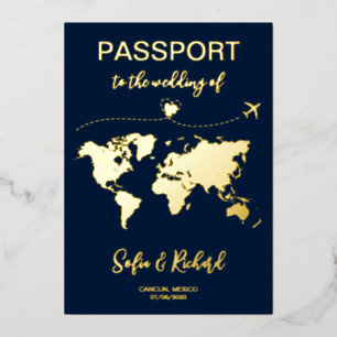 Invitation En Aluminium Passeport Mariage Destination Gold Foil fond