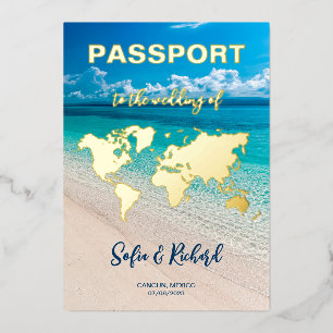 Invitation En Aluminium Passeport Mariage Destination Gold Foil fond