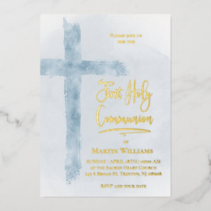 Invitation En Aluminium pastel bleu Croix sainte Première communion