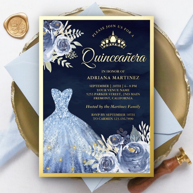 Invitation En Aluminium Pastel Blue Floral Gown Marine Quinceanera Gold (Créateur téléchargé)