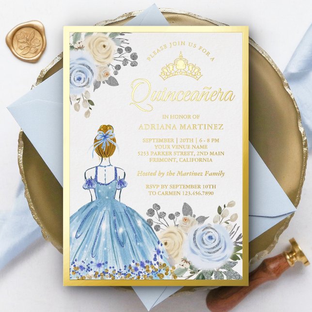 Invitation En Aluminium Pastel Blue Floral Robe Princesse Quinceanera Or (Créateur téléchargé)