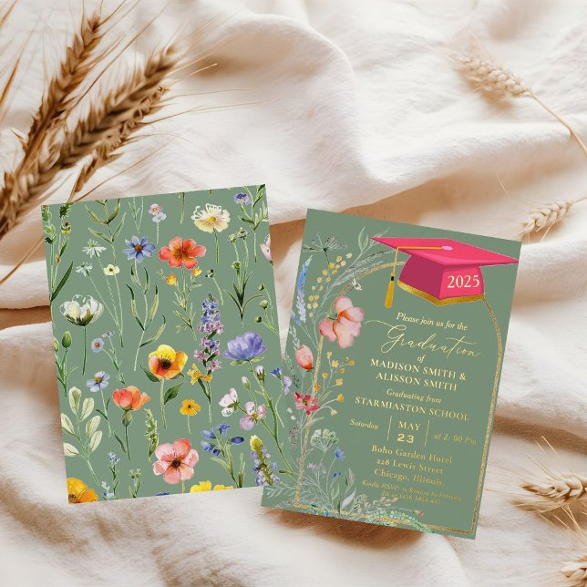 Invitation En Aluminium Pastel Fleur sauvage Jardin Jumeau fête de graduat (Créateur téléchargé)