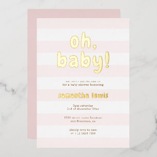 Invitation En Aluminium Pastel Rose Rayures Oh Bébé Fille Douche Or