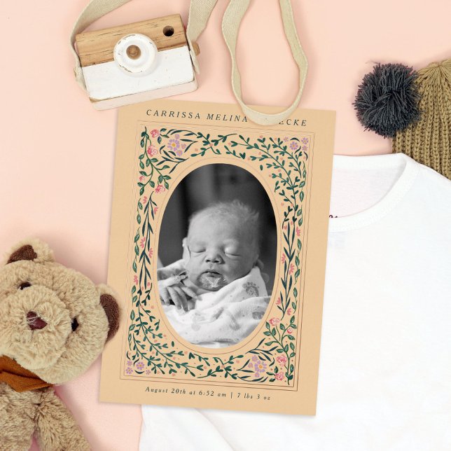 Invitation En Aluminium Patrimoine Floral Frame Ovale Photo Naissance (Créateur téléchargé)