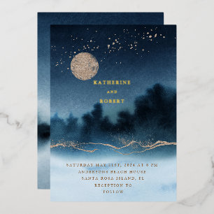 Invitation En Aluminium Paysage aquarelle de mariage nocturne bleu