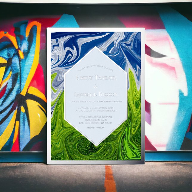 Invitation En Aluminium Paysage bleu vert minimal Mariage Abstrait (Créateur téléchargé)