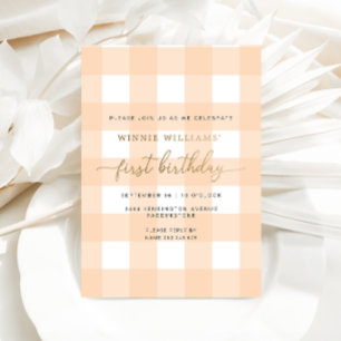 Invitation En Aluminium Peach En vichy premier anniversaire Gold Foil Invi