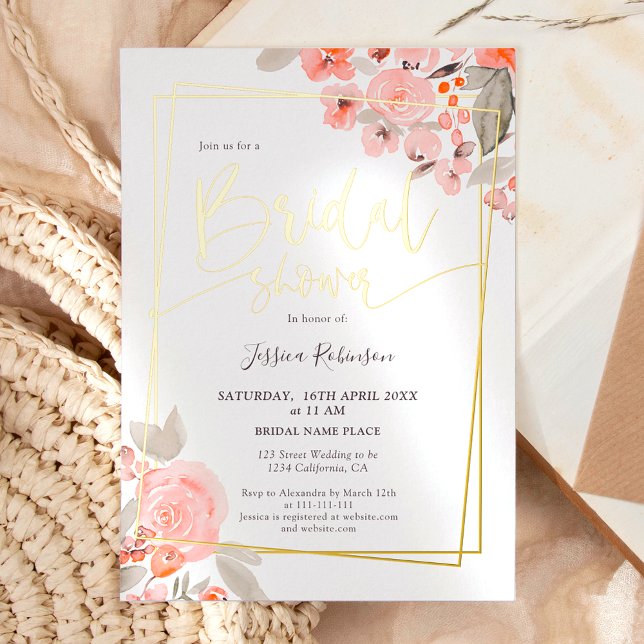 Invitation En Aluminium Peach floral vert or script nuptiale douche (Peach floral greenery gold script bridal shower foil invitation)