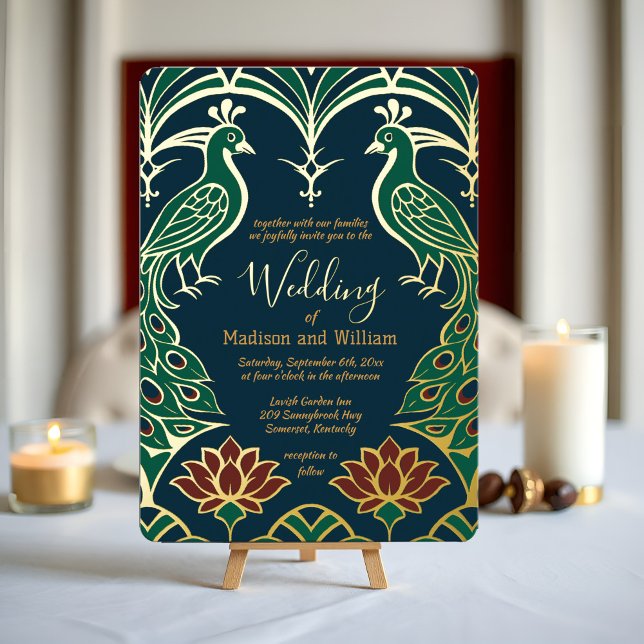 Invitation En Aluminium Peacock et Lotus Mariage Élégant Déco Regal Blue (Elegant peacock gold foil wedding invitation Inspired by Art Deco with royal jewel tones & dark blue)