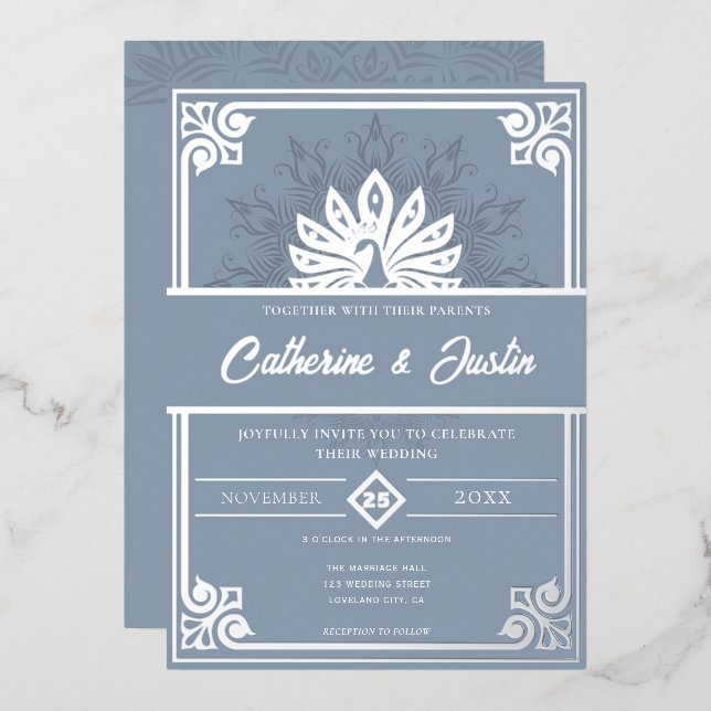 Invitation En Aluminium Peacock Mariage Art déco moderne Argent (Recto/Verso)
