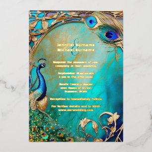 Invitation En Aluminium Peacock plumes iridiscent Art nouveau luxe