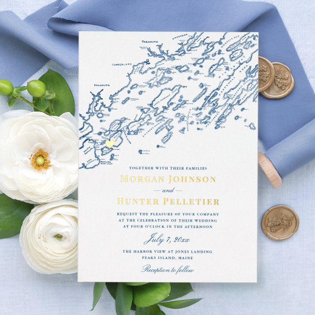 Invitation En Aluminium Peaks Island Maine Mariage Élégant Marine et Or (Peaks Island Maine map Gold Foil and navy blue wedding invitation from Coastal Map Designs)