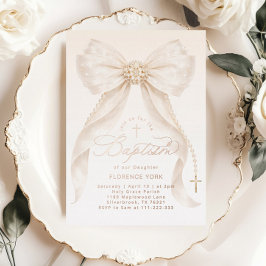 Invitation En Aluminium Pearls Gold Bow Girl Baptism Christening