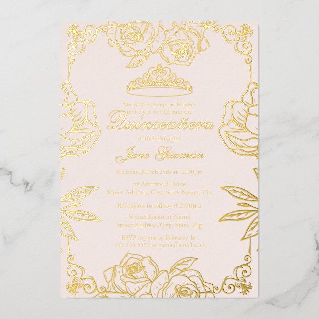 Invitation En Aluminium Pêche rose Rose or Jardin Quinceanera (Recto)