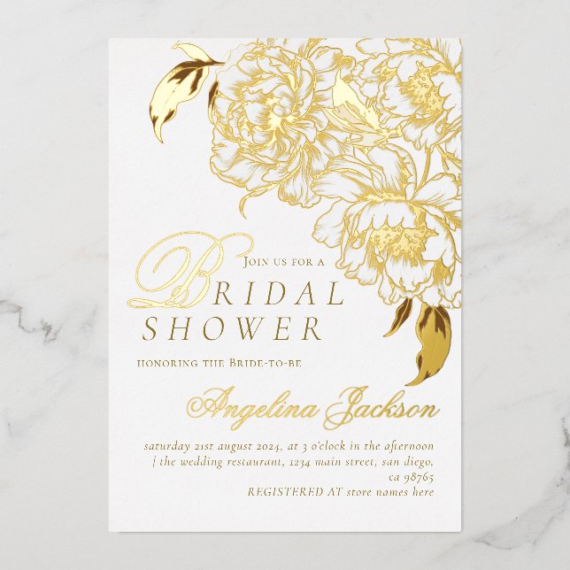 Invitation En Aluminium Peonies florales Blanc Golden Elegant Fête des mar (Recto)