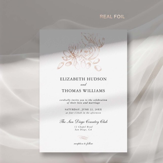 Invitation En Aluminium Peony Floral Art Sketch Rose Gold Classic Mariage (peony wedding invitation modern classic formal  floral sketch gold foil elegant romantic garden)