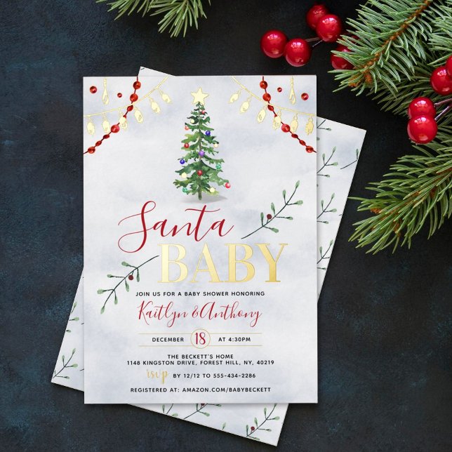 Invitation En Aluminium "Père Noël Baby" Aquarelle Baby shower d'arbre de  (Créateur téléchargé)