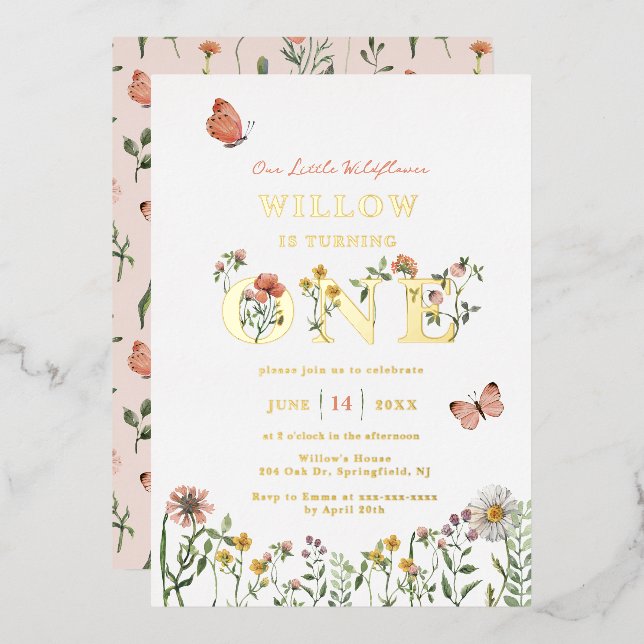 Invitation En Aluminium Petit Fleur sauvage 1er anniversaire Gold (Recto/Verso)