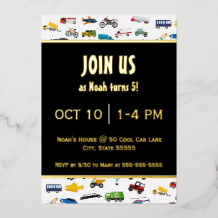 Invitation En Aluminium Petit Garçon Voitures Véhicule Enfant Anniversaire