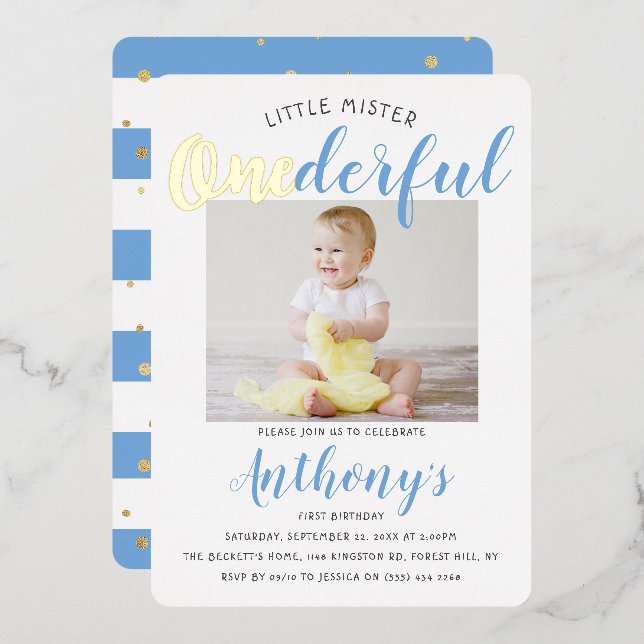 Invitation En Aluminium Petit Monsieur Onederful Photo 1er Anniversaire Ré (Recto/Verso)