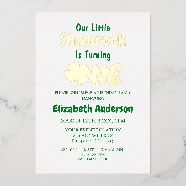 Invitation En Aluminium Petit Shamrock 1er anniversaire (Recto)