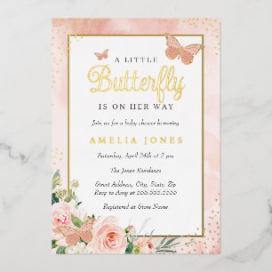 Invitation En Aluminium Petite fille papillon floral rose Baby Shower 