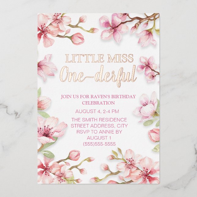 Invitation En Aluminium Petite Miss 1er Anniversaire Rose Floral (Recto)