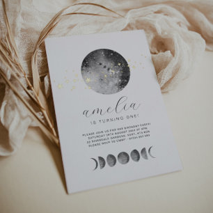 Invitation En Aluminium Phases de Lune Étoiles Dorées Anniversaire Or