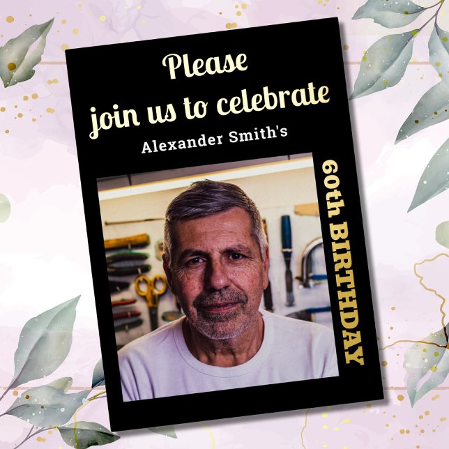 Invitation En Aluminium Photo 60th Birthday Black Gold (Créateur téléchargé)