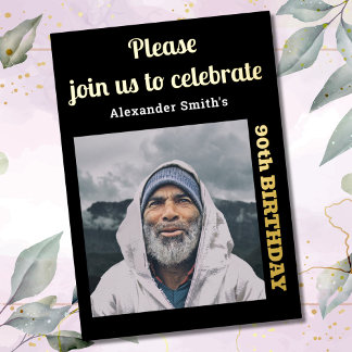 Invitation En Aluminium Photo 90th Birthday Black Gold