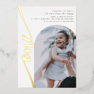 Invitation En Aluminium Photo Arc moderne Script vertical 1er anniversaire