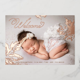 Invitation En Aluminium Photo Bienvenue bébé Rose Gold Foil Feuilles naiss