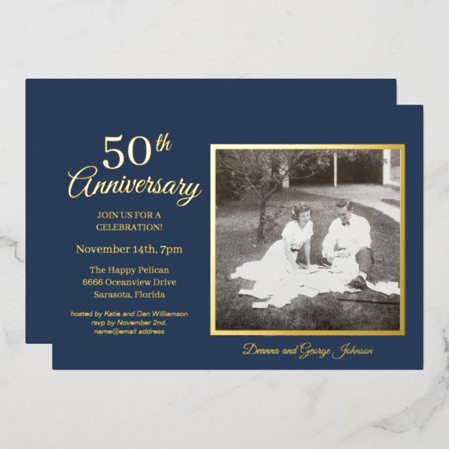 Invitation En Aluminium Photo Bleu Chic 50e Anniversaire Or (Recto/Verso)