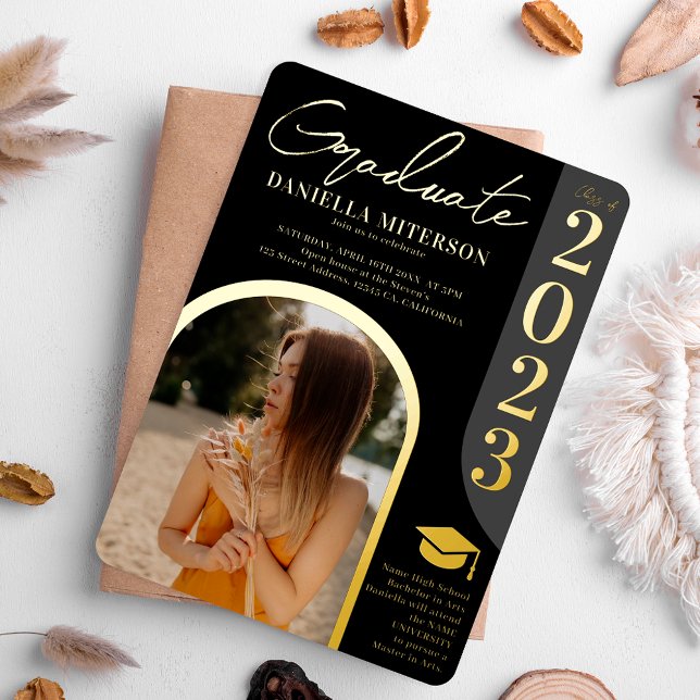 Invitation En Aluminium Photo bold 2023 arch graduation noire (Créateur téléchargé)