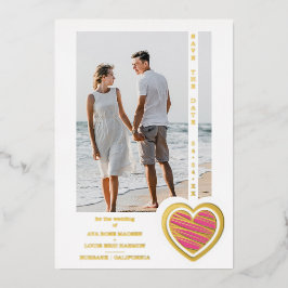 Invitation En Aluminium Photo Chic Elegant Hot Pink & Golden Heart Couple