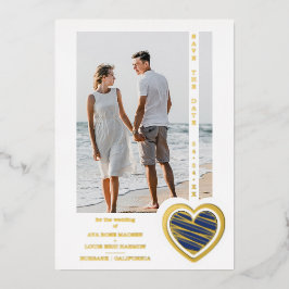 Invitation En Aluminium Photo Chic Elegant Navy Blue & Golden Heart Couple