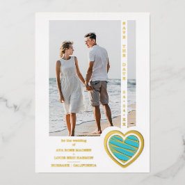 Invitation En Aluminium Photo Chic Elegant Turquoise & Golden Heart Couple