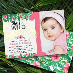 Invitation En Aluminium Photo de 1er anniversaire de Wild One Jungle Safar