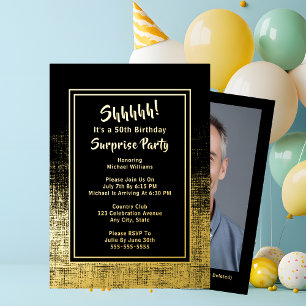 Invitation En Aluminium Photo de 50e anniversaire surprise au dos noir et