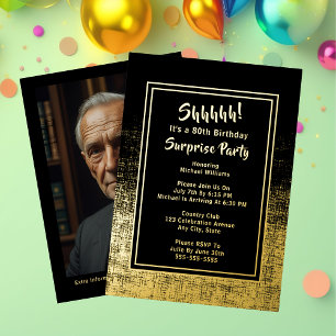 Invitation En Aluminium Photo de 80e anniversaire surprise au dos noir et