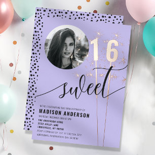 Invitation En Aluminium Photo de anniversaire Sweet 16 Violet Violet Spark