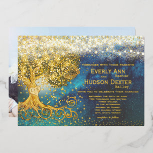 Invitation En Aluminium Photo de Back Grove Lumières de fées bleu et or