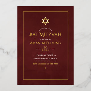 Invitation En Aluminium Photo de Bat Mitzvah aquarelle en bordeaux et or