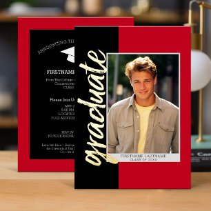 Invitation En Aluminium Photo de graduation avec script moderne rouge noir