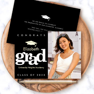 Invitation En Aluminium Photo de graduation noire typographie audacieuse o