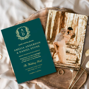 Invitation En Aluminium Photo de mariage au blason feuillu or vert sarcell