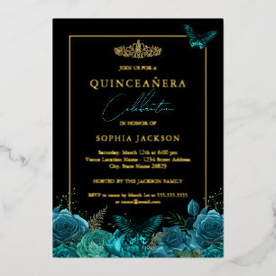 Invitation En Aluminium Photo de papillon bleu élégant pour Quinceanera