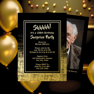 Invitation En Aluminium Photo du 100e anniversaire surprise au dos noir et
