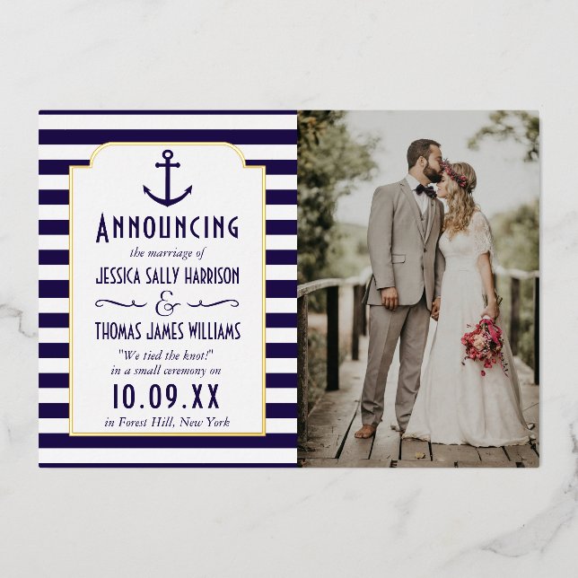 Invitation En Aluminium Photo du Mariage d'Ancre de la marine nautique et  (Recto)