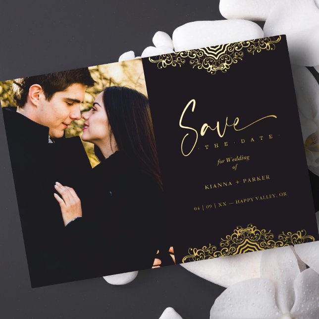 Invitation En Aluminium Photo Elegant Golden Filigree Fake Lace Mariage (Créateur téléchargé)